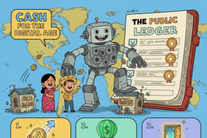 A vibrant cartoon infographic titled "Cash for the Digital Age" showing a friendly robot representing a computer network stepping over tiny old bank buildings. The image features happy people around the world sharing digital coins, a large "Public Ledger" notebook with thumbs-up icons, and three panels illustrating Growth Assets as a rocket, Stable Assets as a balloon, and Access Assets as a magic door. At the bottom, a cute phone wallet guards "Secret Words" from a sneaky fox scammer alongside a 3-step beginner's checklist.
