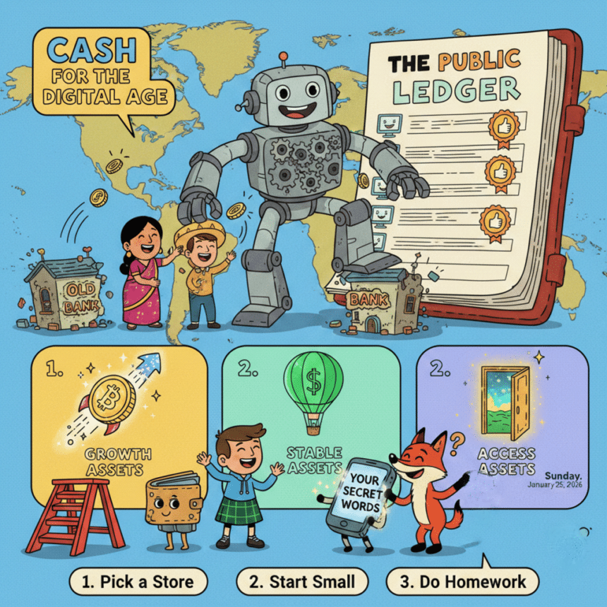 A vibrant cartoon infographic titled "Cash for the Digital Age" showing a friendly robot representing a computer network stepping over tiny old bank buildings. The image features happy people around the world sharing digital coins, a large "Public Ledger" notebook with thumbs-up icons, and three panels illustrating Growth Assets as a rocket, Stable Assets as a balloon, and Access Assets as a magic door. At the bottom, a cute phone wallet guards "Secret Words" from a sneaky fox scammer alongside a 3-step beginner's checklist.