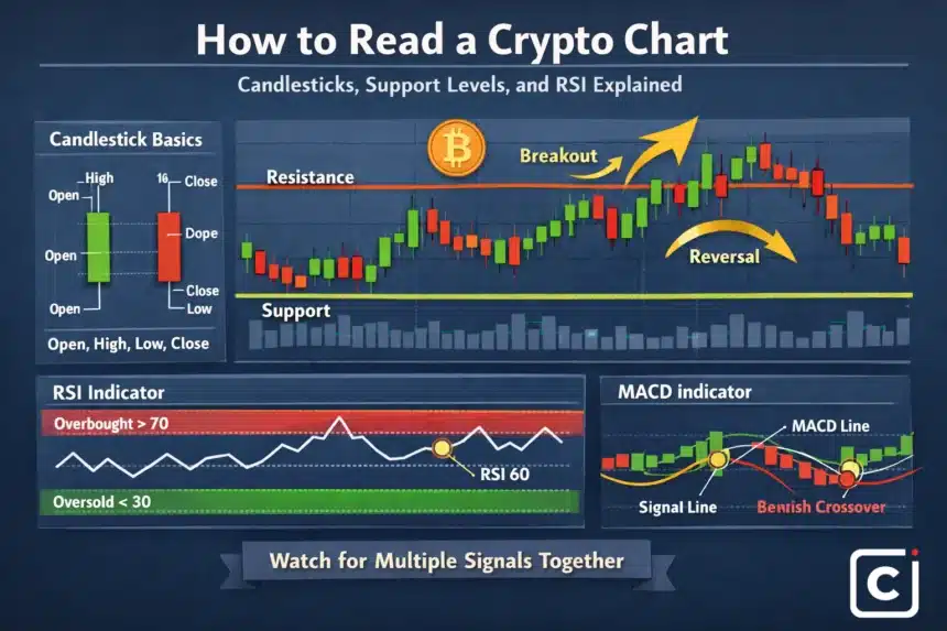 How to Read a Crypto Chart: Candlesticks, Support Levels, and RSI Explained