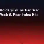 Bitcoin price chart holding $67K support amid US-Iran conflict week 5, extreme fear index at 8