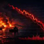 Bitcoin price chart crashing with oil tankers at Strait of Hormuz, Iran ultimatum crypto liquidations March 2026