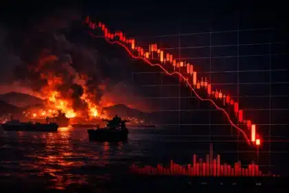 Bitcoin price chart crashing with oil tankers at Strait of Hormuz, Iran ultimatum crypto liquidations March 2026