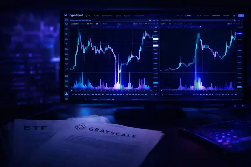 Grayscale HYPE ETF filing Hyperliquid neon trading interface financial documents March 2026