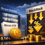 Morgan Stanley and BlackRock logos on a stock exchange trading floor with Bitcoin ETF price charts showing MSBT at 0.14 percent fee competing with IBIT at 0.25 percent