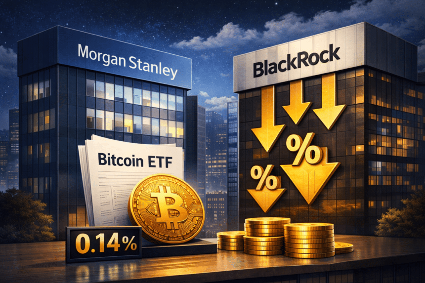 Morgan Stanley and BlackRock logos on a stock exchange trading floor with Bitcoin ETF price charts showing MSBT at 0.14 percent fee competing with IBIT at 0.25 percent