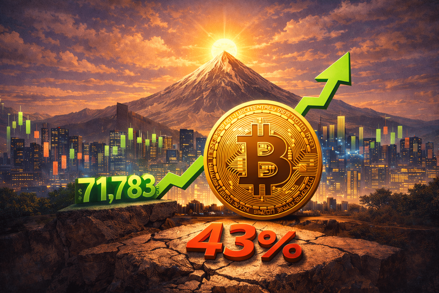 Bitcoin price chart showing 71783 dollars ahead of CPI release with a downward arrow showing 43 percent gap below the October 2025 all time high of 126198 dollars