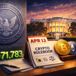 SEC rulebook document on White House desk with gavel and cryptocurrency symbols representing Reg Crypto proposal sent to OIRA ahead of April 13 Senate Banking Committee markup