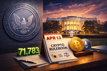 SEC rulebook document on White House desk with gavel and cryptocurrency symbols representing Reg Crypto proposal sent to OIRA ahead of April 13 Senate Banking Committee markup