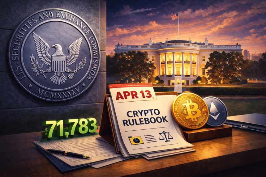 SEC rulebook document on White House desk with gavel and cryptocurrency symbols representing Reg Crypto proposal sent to OIRA ahead of April 13 Senate Banking Committee markup