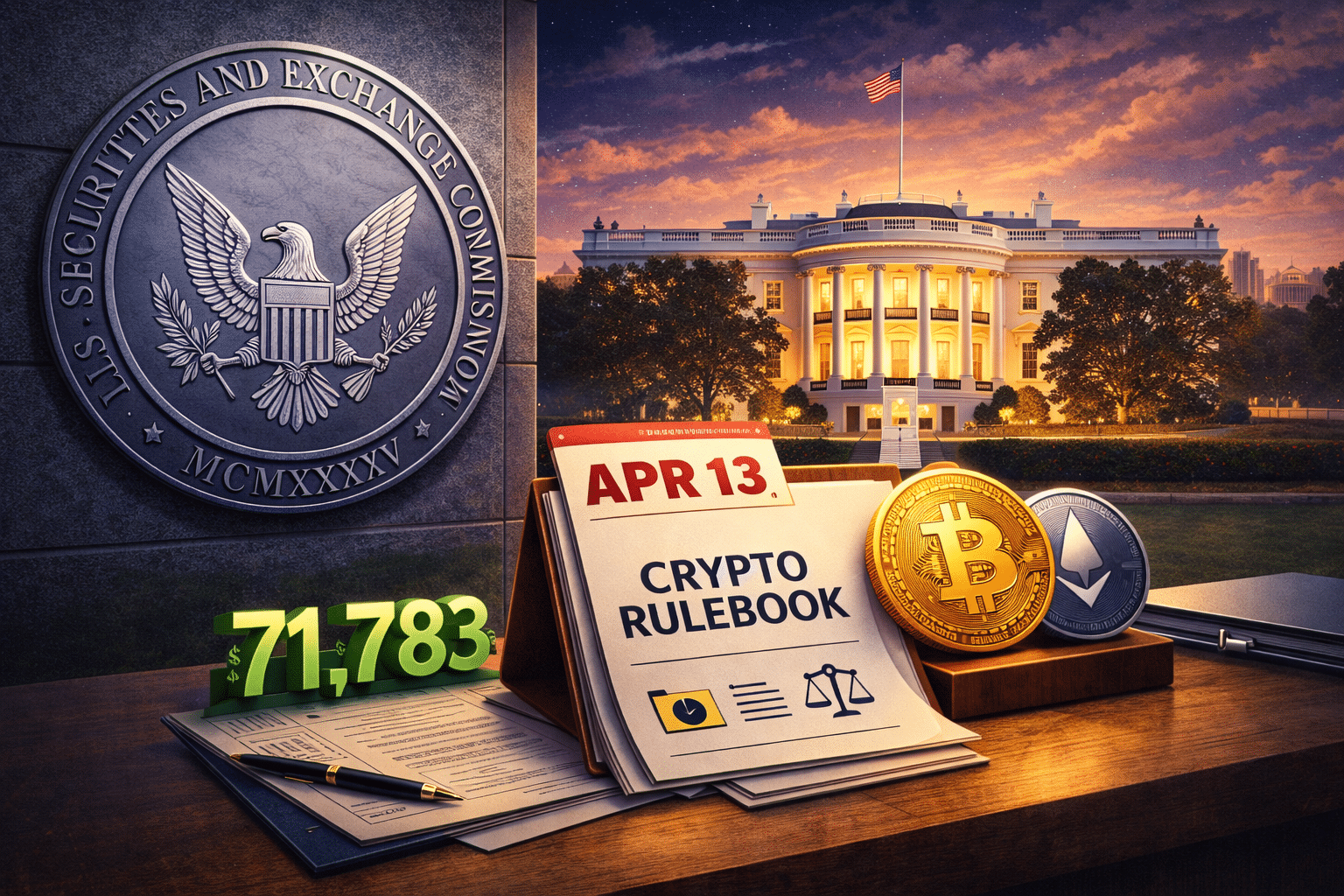 SEC rulebook document on White House desk with gavel and cryptocurrency symbols representing Reg Crypto proposal sent to OIRA ahead of April 13 Senate Banking Committee markup