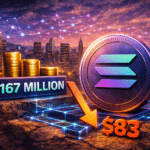 Solana blockchain network visualization with 167 million holder count milestone alongside SOL price chart showing 83 dollars representing adoption versus price divergence in April 2026