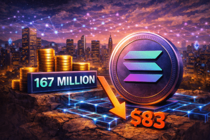 Solana blockchain network visualization with 167 million holder count milestone alongside SOL price chart showing 83 dollars representing adoption versus price divergence in April 2026