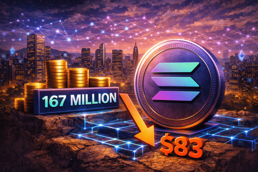 Solana blockchain network visualization with 167 million holder count milestone alongside SOL price chart showing 83 dollars representing adoption versus price divergence in April 2026