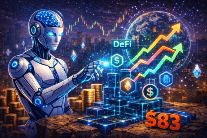AI robot executing DeFi strategies on Ethereum blockchain with ERC-8211 smart contract interface showing autonomous transaction batching with safety constraints in 2026