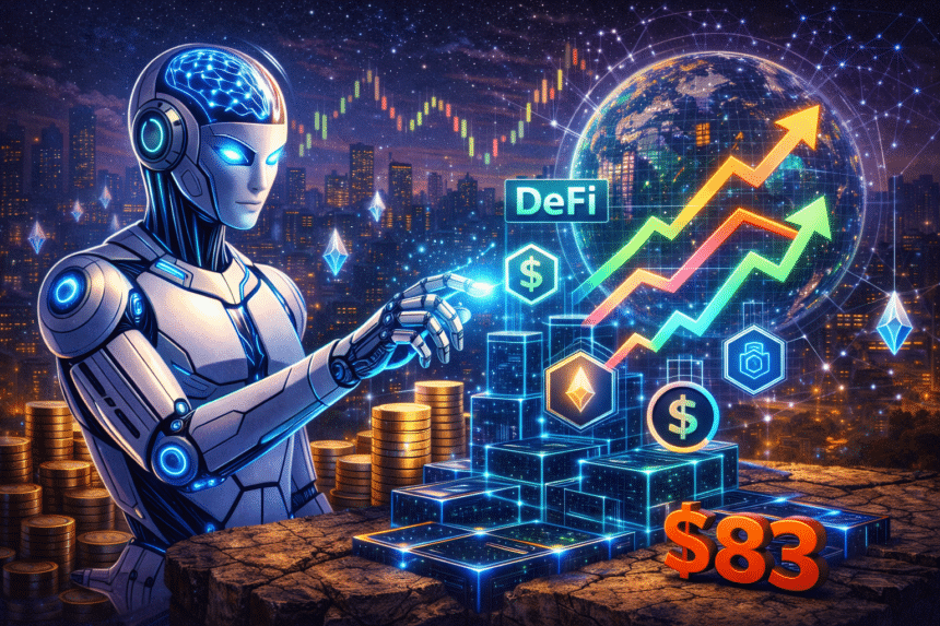 AI robot executing DeFi strategies on Ethereum blockchain with ERC-8211 smart contract interface showing autonomous transaction batching with safety constraints in 2026