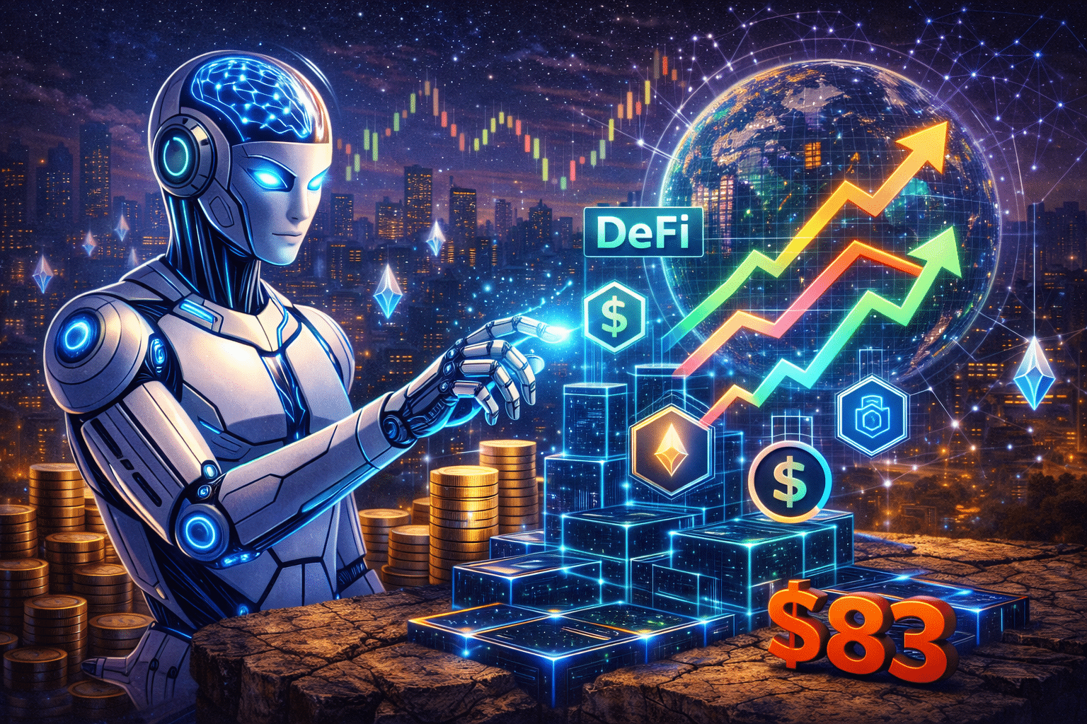 AI robot executing DeFi strategies on Ethereum blockchain with ERC-8211 smart contract interface showing autonomous transaction batching with safety constraints in 2026