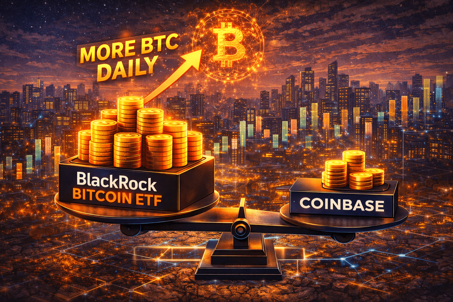 BlackRock IBIT Bitcoin ETF trading floor with 55 billion AUM display and daily volume exceeding Coinbase representing institutional Bitcoin market structure shift in 2026