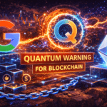 Quantum computer breaking blockchain encryption with Bitcoin and Ethereum security shields showing elliptic curve cryptography vulnerability timeline and post-quantum upgrade path