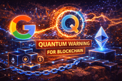 Quantum computer breaking blockchain encryption with Bitcoin and Ethereum security shields showing elliptic curve cryptography vulnerability timeline and post-quantum upgrade path