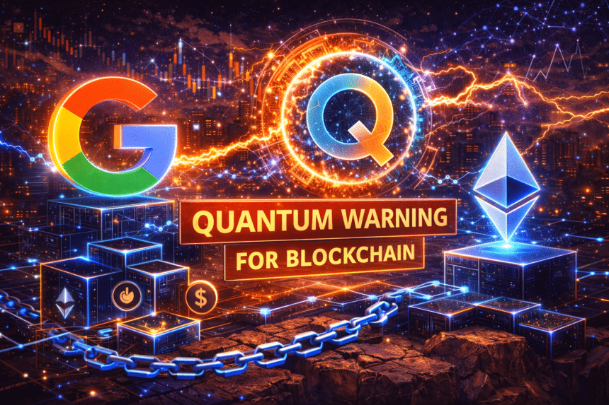 Quantum computer breaking blockchain encryption with Bitcoin and Ethereum security shields showing elliptic curve cryptography vulnerability timeline and post-quantum upgrade path