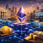 Ethereum logo integrated into a global bank network with repo market bond certificates being tokenized on blockchain rails representing the 27.6 billion dollar tokenized RWA market in 2026