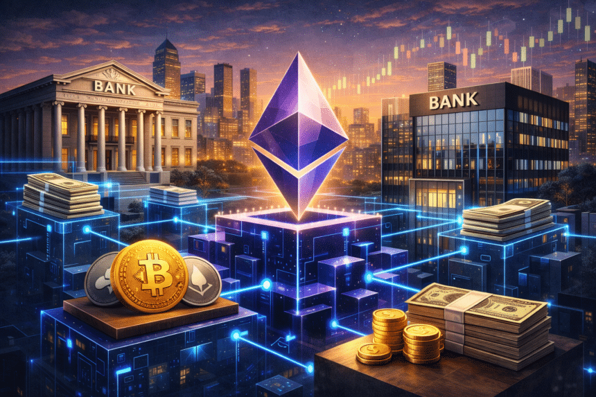 Ethereum logo integrated into a global bank network with repo market bond certificates being tokenized on blockchain rails representing the 27.6 billion dollar tokenized RWA market in 2026