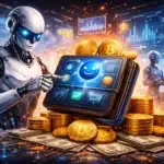 AI robot agent autonomously managing a crypto wallet with Bitcoin coins and financial data screens
