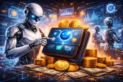 AI robot agent autonomously managing a crypto wallet with Bitcoin coins and financial data screens