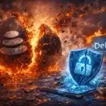 Balancer protocol logo crumbling in flames next to a shattered DeFi security shield on a circuit board representing the $110 million exploit and corporate dissolution of Balancer Labs in 2026