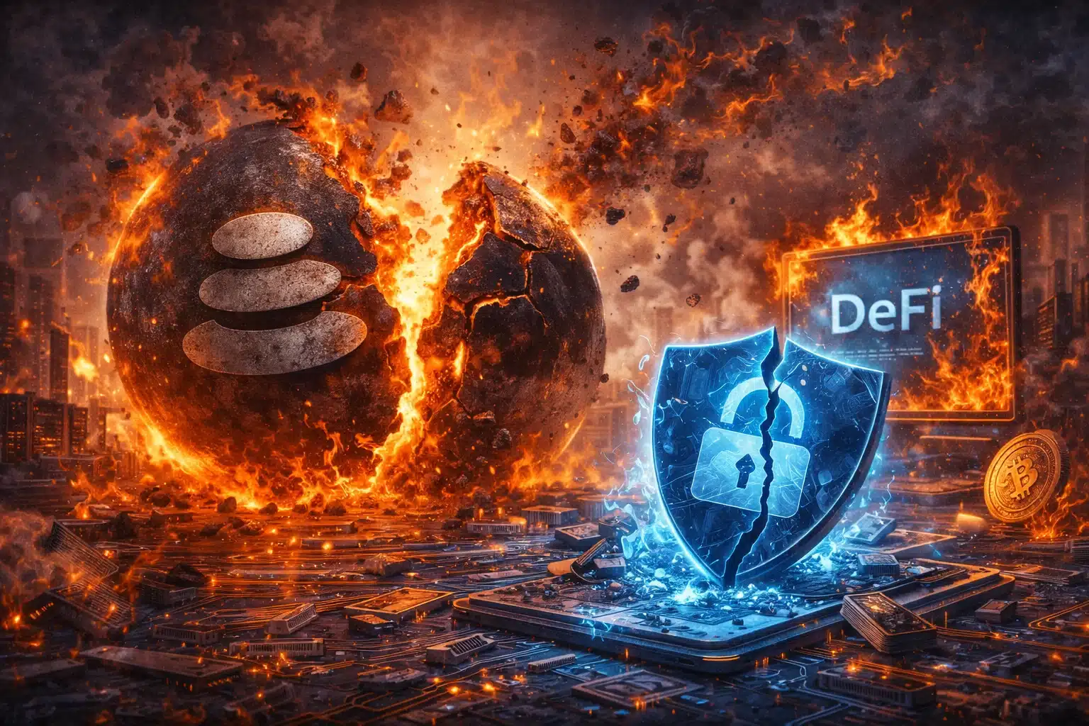 Balancer protocol logo crumbling in flames next to a shattered DeFi security shield on a circuit board representing the $110 million exploit and corporate dissolution of Balancer Labs in 2026