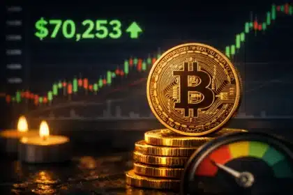 Bitcoin coin with price chart showing $70,253 and Fear and Greed meter
