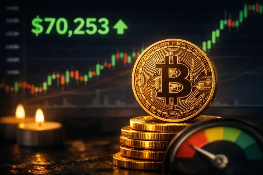 Bitcoin coin with price chart showing $70,253 and Fear and Greed meter