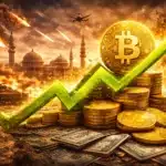 Bitcoin price rises to $71,108 amid Iran conflict geopolitical tension with gold coins and green rally arrow