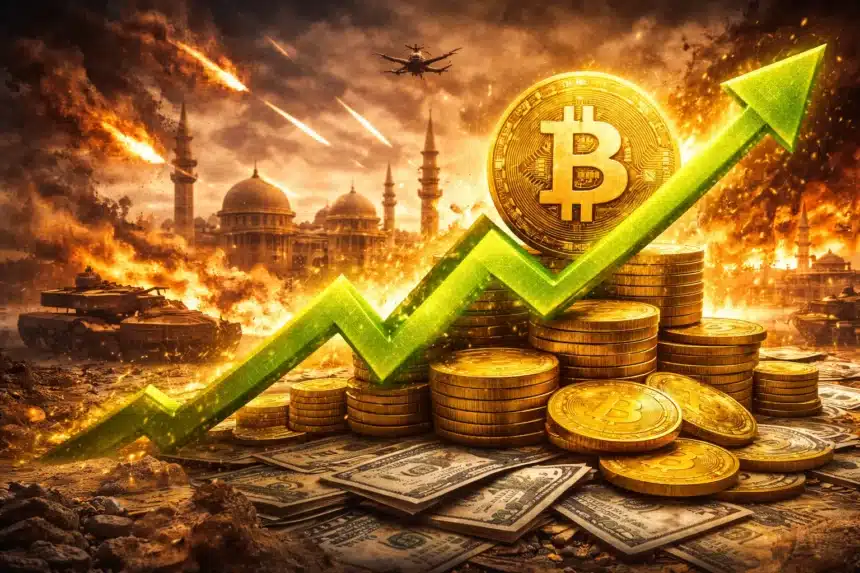 Bitcoin price rises to $71,108 amid Iran conflict geopolitical tension with gold coins and green rally arrow