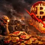 Exhausted Bitcoin miner surrounded by ASIC mining rigs next to a falling BTC price chart showing $17,000 per coin losses in 2026