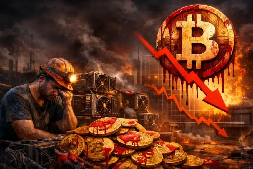 Exhausted Bitcoin miner surrounded by ASIC mining rigs next to a falling BTC price chart showing $17,000 per coin losses in 2026