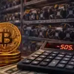 Bitcoin coin next to mining rigs and calculator showing negative profit for BTC miners