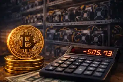 Bitcoin coin next to mining rigs and calculator showing negative profit for BTC miners