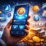Hand holding a smartphone digital wallet displaying Bitcoin and tokenized assets floating above a futuristic cityscape representing BlackRock CEO Larry Fink's vision for tokenization of capital markets in 2026