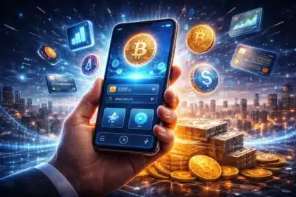 Hand holding a smartphone digital wallet displaying Bitcoin and tokenized assets floating above a futuristic cityscape representing BlackRock CEO Larry Fink's vision for tokenization of capital markets in 2026