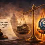 Scales of justice with Crypto Clarity Act document and gavel weighing cash against a USDC stablecoin coin on fire representing the proposed stablecoin yield ban in 2026