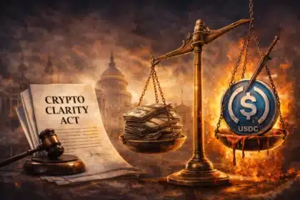 Scales of justice with Crypto Clarity Act document and gavel weighing cash against a USDC stablecoin coin on fire representing the proposed stablecoin yield ban in 2026