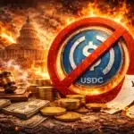 USDC stablecoin with no-yield ban symbol, US Capitol in flames, gavel and legislative documents