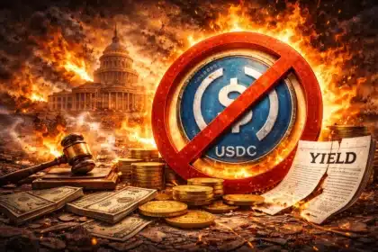 USDC stablecoin with no-yield ban symbol, US Capitol in flames, gavel and legislative documents