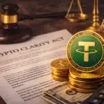 Crypto Clarity Act document with stablecoin Tether coin, gavel and scales of justice