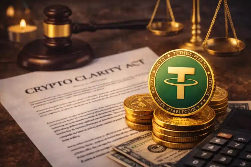 Crypto Clarity Act document with stablecoin Tether coin, gavel and scales of justice