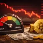 Fear and Greed meter pointing to extreme fear next to Bitcoin coins and red price chart