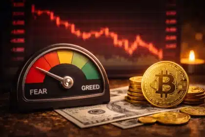 Fear and Greed meter pointing to extreme fear next to Bitcoin coins and red price chart