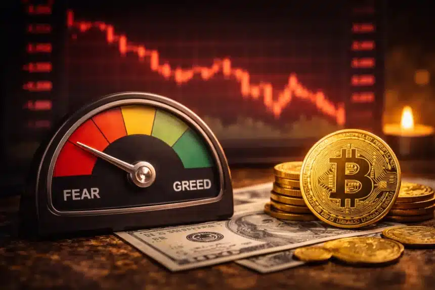 Fear and Greed meter pointing to extreme fear next to Bitcoin coins and red price chart