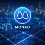 Monad blockchain logo glowing blue over a digital grid cityscape